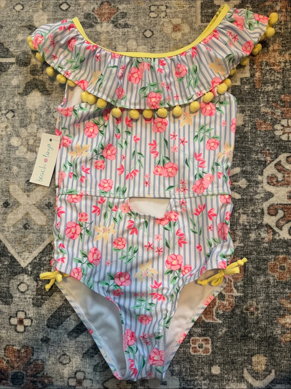 NWT Nicole Miller One Piece Floral Striped Pom Pom Swim Suit Girls Sz 7/8